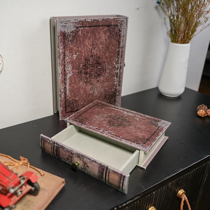 Book Storage Box with Drawer, Distressed Reddish Brown Faux Leather Cover with Classic Damask Pattern, Hidden Vintage-Style Organizer for Jewelry or Keepsakes, 7″ x 5″ x 1.6″