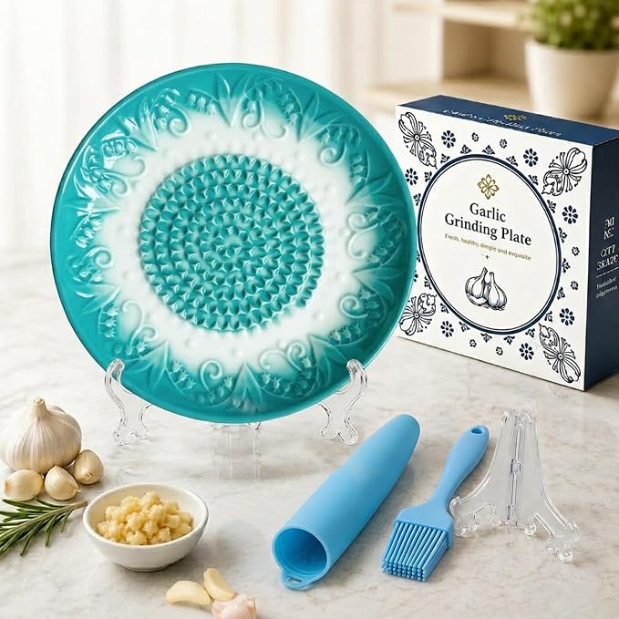 Ceramic Garlic Grater Plate Set with Rack & Cleaning Brushs(Teal)