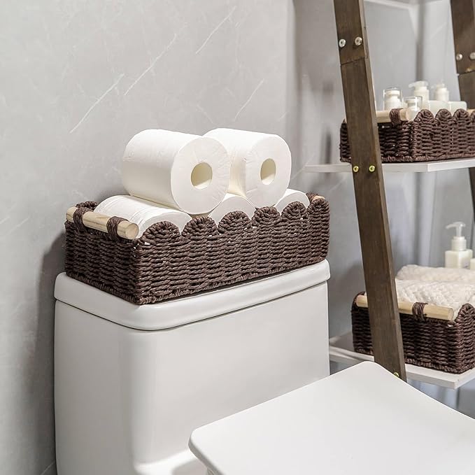 CubesLand Paper Rope Scalloped Edge Shelves Storage Basket, Woven Toilet Paper Baskets for Over Toilet Storage Shelf, Ending Table, Floating Shelves Organizing or Home Décor, with Wood Handle, Brown