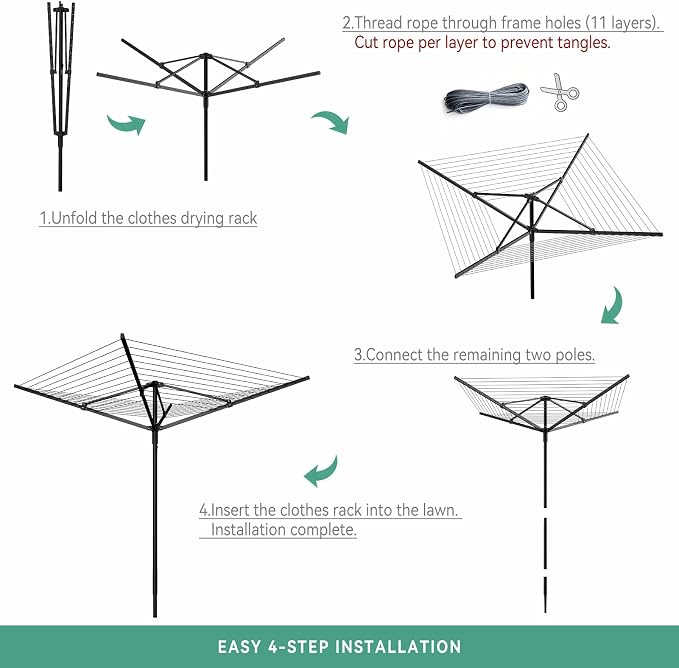 Enayplon 4-Arm Umbrella Clothes Drying Rack, 164 FT Rotary Outdoor Clothesline, Height Adjustable Foldable Laundry Dryer with Ground Spike & Waterproof Protective Cover for Backyard Patio Garden