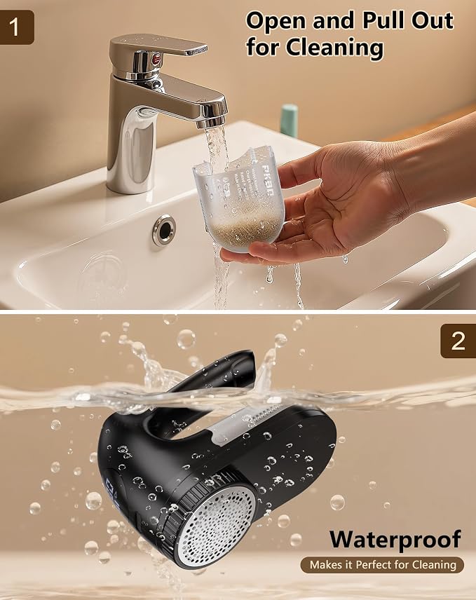 PKBD IPX6 Waterproof Washable Electric Fabric Shaver and Lint Remover, Rechargeable Sweater Defuzzer with 3 Free Extra Blades, Quickly and Effectively Remove Fluff,Fuzz,Bobbles for Clothes, Dark Black