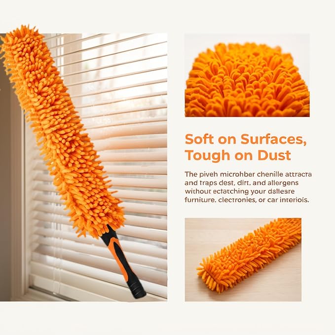 Chenille Duster with Bendable Head – Washable Ceiling Fan Duster for High Ceilings, Blinds, and Furniture – Universal Thread Fit for Easy Cleaning, Orange