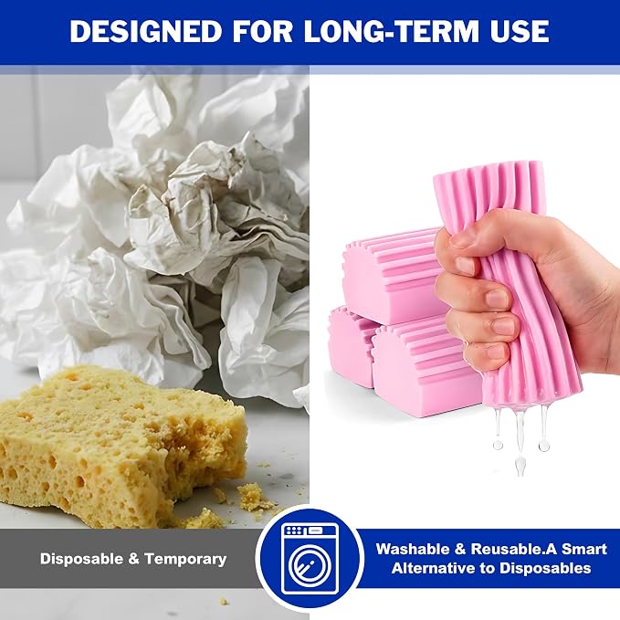 iKLYN 4 Pack PVA Cleaning Sponge, Super Absorbent Reusable Multi-Surface Damp Duster for Car Wash, Kitchen, Blinds, Vents, Mirrors - 4.5 x 2.4 x 1.8 Inches (Pink, Grey, Blue)