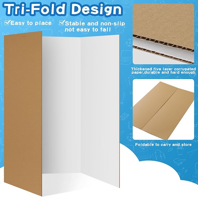 VinTS 12 PCS 36"x48" Trifold Poster Board,White Display Tri-fold Cardboard | Large White Tri-fold Poster Board,Thick Corrugated Cardboard for School Projects,Science Fair,Graduation,Photo Exhibitions