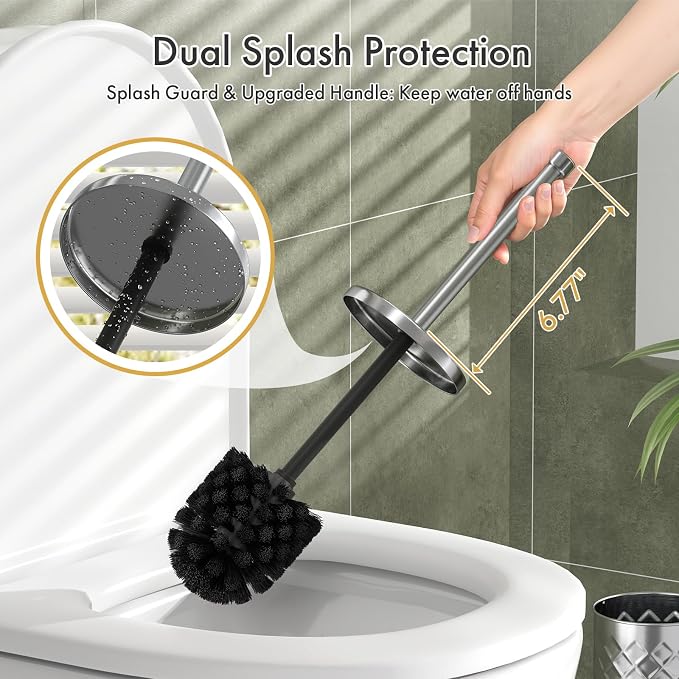 Toilet Bowl Brush and Holder Set 3 Pack with 6 Extra Brush Heads | Extra Long Handle with Splash Guard Cover, Tool-Free Installation, Bathroom Space-Saving, Cleaner Sets for Apartments, RV (Silvery)
