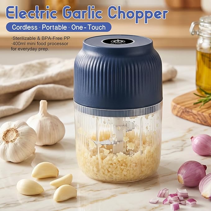 Electric Garlic Chopper, 2026 New Mini Food Processor & Food Chopper for Kitchen, Portable Cordless Garlic Mincer with 6 Stainless Steel Blades, Small Vegetable Chopper for Onion Salad (400ML White)