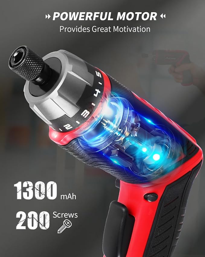 AVID POWER 4V Electric Cordless Screwdriver Set 5.65Nm 11 Bits - RED | 5.65Nm, 5+1 Torque Settings, 2-Position Handle, 11 Accessories, LED Light, for Precision Assembly & Furniture Installation
