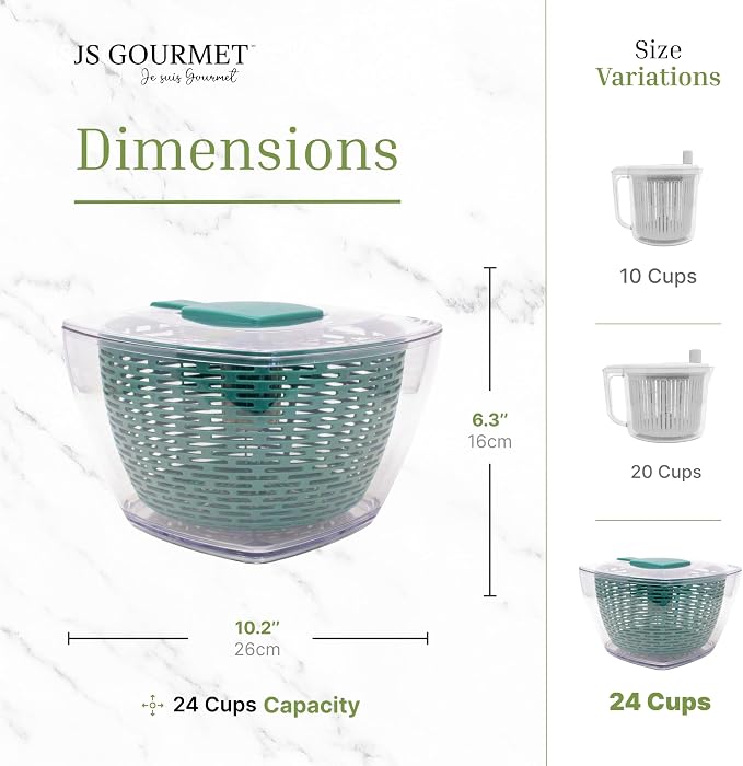 JS Gourmet Salad Spinner – 5.68L (24 Cup), BPA-Free Manual Vegetable Spinner with Strainer Basket, Durable Kitchen Gadget, Easy Spin Dryer Bowl for Lettuce, Fruits & Greens