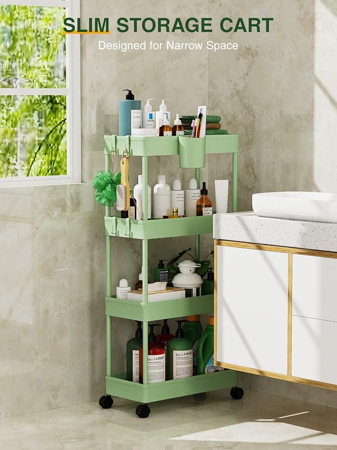 LEHOM Slim Rolling Storage Cart - 4 Tiers Bathroom Organizer Utility Cart | Slide Out Storage Shelves Mobile Shelving Unit for Kitchen, Bedroom, Office, Laundry Room, Small Narrow Spaces (7.1" W+Green)