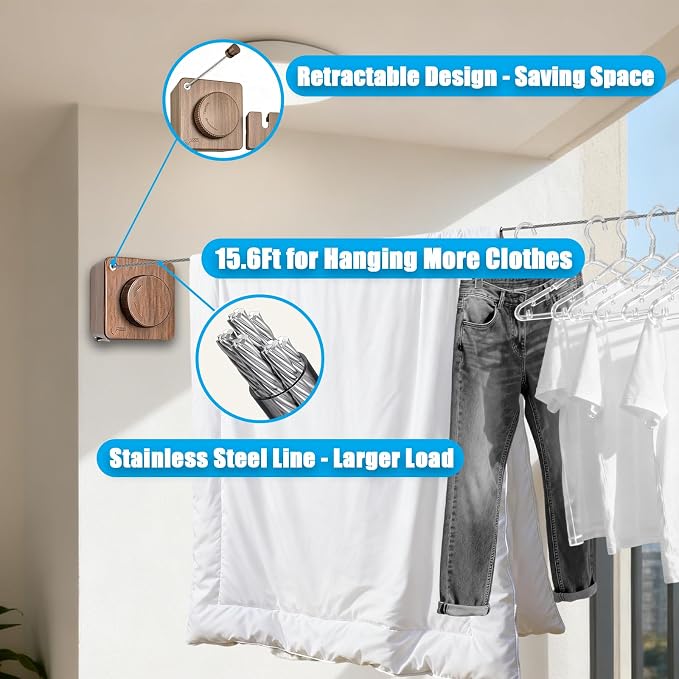 Retractable Clothesline Indoor Outdoor 17.4Ft Non-Sag (1, Dark Wood Grain) | Stainless Steel Heavy Duty Design Laundry Wash Line with Wall Mounted, Space-Saving Drying Rack for Bathroom, Balcony
