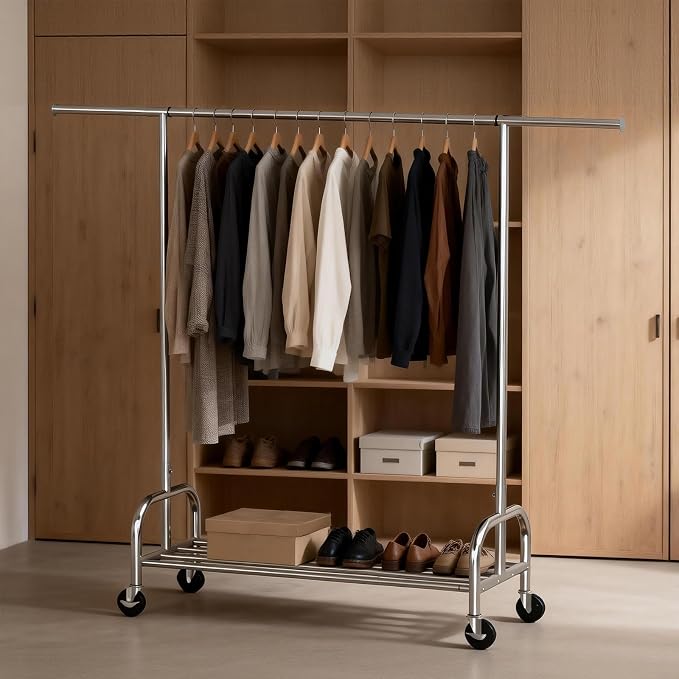 Clothing Garment Rack, 530LBS Capacity Rolling Clothes Rack on Wheels, Adjustable Clothing Hanging Rack, Heavy Duty Commercial
