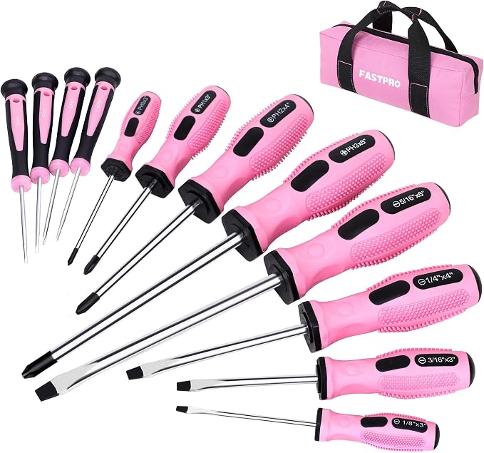 FASTPRO 12-Piece Pink Magnetic Screwdrivers Set with Slotted Phillips Screwdrivers and Precision Screwdrivers, Repair Tool Kit for Women with Storage Bag | 4 Phillips & 4 Slotted Tips, 4 Precision Screwdrivers, CR-V Steel, Ergonomic Handles, Home Repai...
