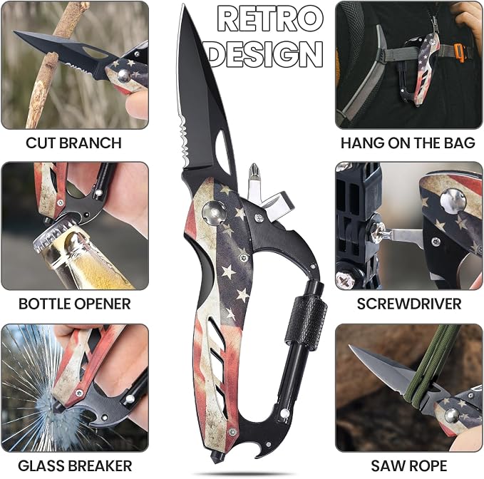 FUNBRO Multitool Carabiner Knife Tools for Men, Bottle Opener | Cool Gadgets Gear with Folding Knives, Window Breaker and Screwdriver for Hiking Camping, 7-in-1 Edc Multi Tool (usa Flag)