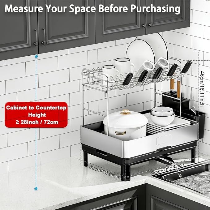 Ewaiira Dish Drying Rack, 2 Tier Large Dish Rack, Stainless Steel Dish Drainer for Kitchen Counter, Dishes Rack with Automatic Drainage, Utensil Holder,Cups Holder,Space Saving Kitchen Organizer,Black