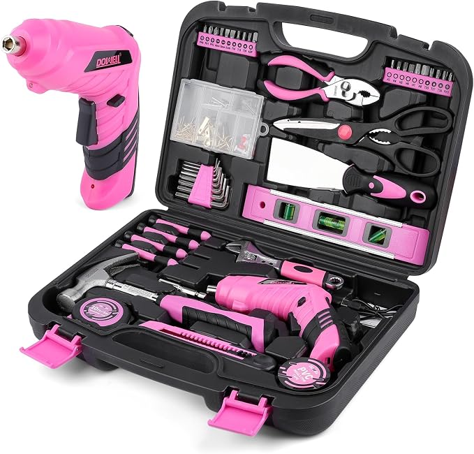 DOWELL Pink Tool Set with 3.6V Cordless Screwdriver Tool Kit, 143 Pcs | for Women, Homeowner Plastic Tool box Storage Case