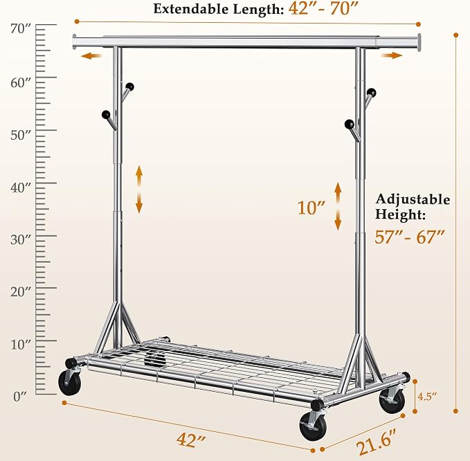 Gewudraw Clothes Rack Heavy Duty With 4" Wheels,Portable,Collapsible,Chrome | 630 LBS Capacity Rolling Clothing Rack, Shelf, Hooks, Adjustable Height, Extendable Rod, Garment Rack For Wardrobe, Bedroom