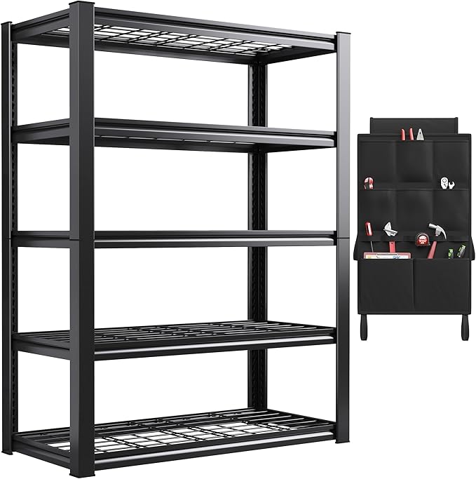 REIBII 37.9" W Storage Shelving with Tool Bag for Garage Workshop Basement | Wire Mesh Panel, Adjustable, Detachable, 5-Tier, Easy Assembly, for Homeowner and DIYer, 66.1" H x 37.9" W x 15.8" D, 2000Lbs