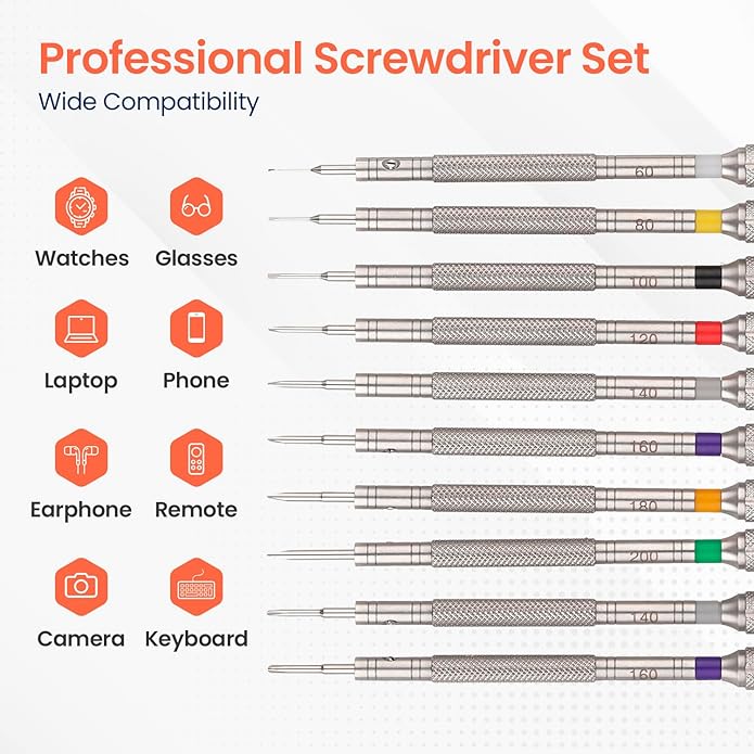Wrist & Style Professional Screwdriver Kit by W&S for Watches, Glasses and Accessories: (10pc Tool Set) - to Adjust, Remove, Replace and Repair - Stainless Steel Professional - 10 Piece