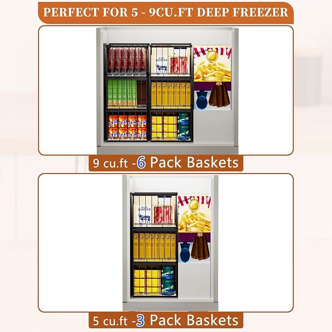 Large Freezer Organizer Bins, Upgrade Quick Expand/Collapse Feature, for 5-9 Cu.Ft Deep Freezer, 6 Pack Stackable Deep Freezer Organizer Bins, Black Wire Foldable Baskets (Black 6 Pack)