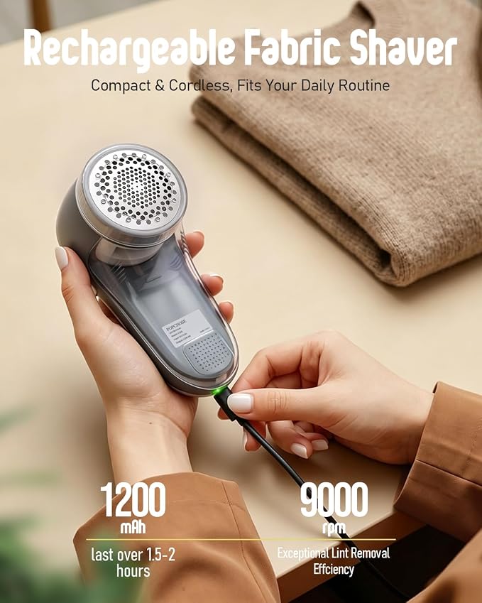 POPCHOSE Fabric Shaver, Lint Shaver with 6-Leaf Blade, Rechargeable | Lint Remover with Type-C Fast Charing Port, Sweater Defuzzer, Clothes Shaver for Couch, Furniture, Blanket, Remove Pilling