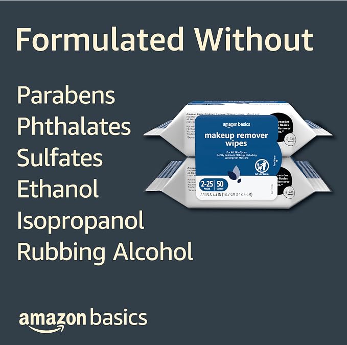 Amazon Basics Makeup Remover Wipes, Gentle Cleansing, Dermatologist Tested, pH-Balanced, Plant Based, Alcohol-Free, Removes Waterproof Mascara, 25 Count, 2-Pack