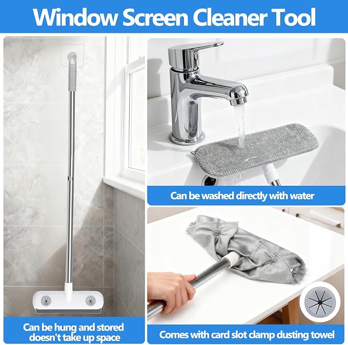 XANGNIER Window Screen Cleaner & Track Cleaning Kit-Mesh Screen Cleaner Brush with Extension Pole,Window Sill and Track Cleaner Tool Washing Equipment,28″Detachable Long-Reach Handle,Wet&Dry Dual-Use