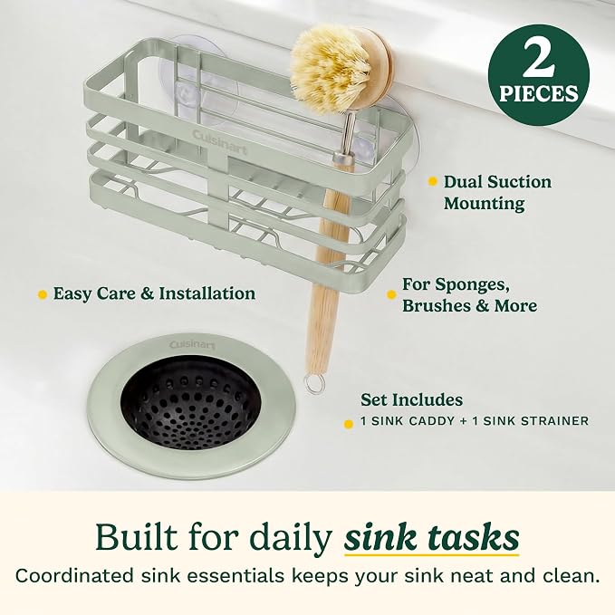 Cuisinart 2 Piece Sink Set – Sink Drain Strainer with Stainless Steel Rim & Silicone Mesh Base & Sponge Holder for Kitchen Sink, Metal Caddy with Triple Suction Cups, Daily Kitchen Essentials