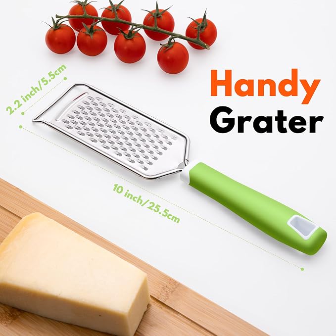 Rainspire Professional Cheese Graters for Kitchen Stainless Steel Handheld, Metal Lemon Zester Grater With Handle For Cheese, Chocolate, Spices, Kitchen Gadgets And Tools, Soft Grip Handle, Green