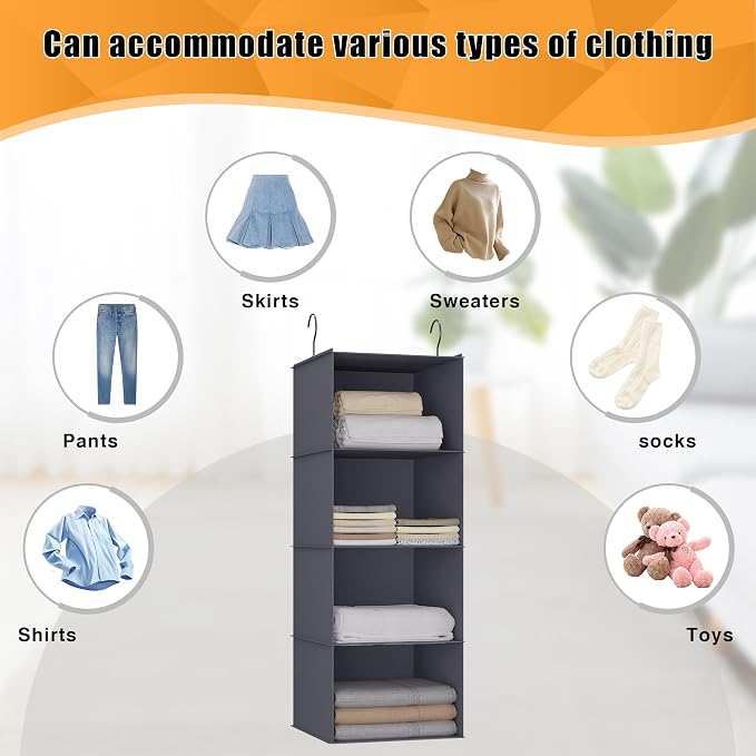 Hanging Closet Organizer 4-Shelf, Oxford Fabric Wardrobe Storage, Dark Grey | Easy-mount foldable design holds clothes, handbags, shoes & accessories; washable Oxford fabric, sturdy and space-saving.