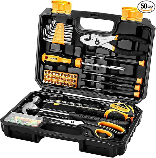DEKOPRO General Household Hand Tool Kit with Plastic Toolbox Storage Case, All Purpose Home Tool Kit Includes Essential Tools for Office College Repairs, 50 Piece