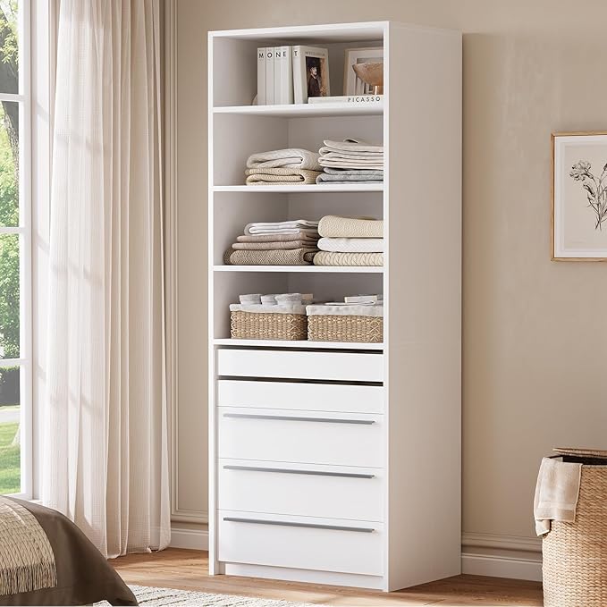 Modular Closet System, Closet Organizer System with 4 Shelves and 5 Drawers, Walk-in Wardrobe Standing Closet System, White