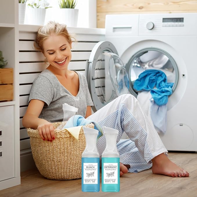 4 Pack Laundry Detergent Dispenser, 53oz Liquid Fabric Softener Dispenser,Plastic Laundry Detergent Containers with 10 PCS Label,White Lid