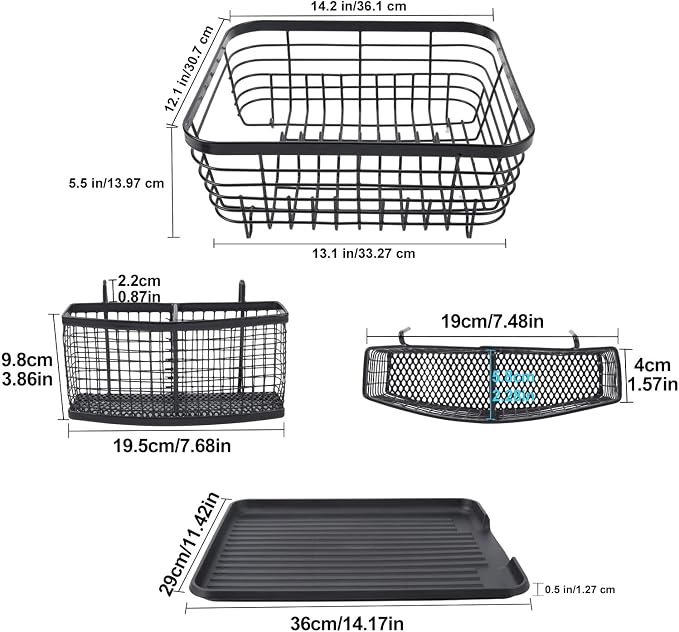 TQVAI Kitchen Dish Drainer Rack with Drying Board and Full-Mesh Silverware Utensils Holder, Black