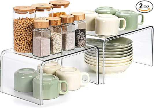 Clear Cabinet Organizer, Shelf Organizer Set of 2 for Kitchen Pantry Organizers and Storage, Display Cabinet Shelf Room Decor Countertop Desk Shelves, Patented Spice Organization for Cabinet