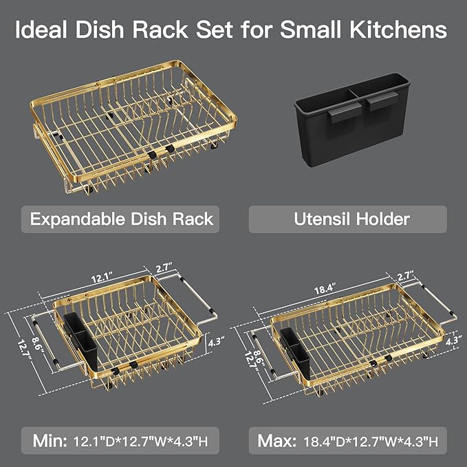 MAJALiS Gold Dish Drying Rack Over The Sink with Utensil Holder | Expandable Stainless Steel Dish Drainer for Small Kitchen, Apartment, RV, Counter Space Saving, Perfect Fit, Rustproof