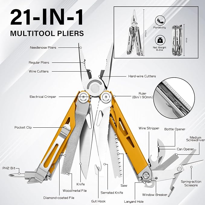 21-in-1 Multi Tool Pliers w/Safety Locking & Spring-Action Scissors | Heavy-duty Stainless Steel Multi-tool Set with Nylon Sheath for Work, Home, Garden, DIY & Auto, Maple Yellow