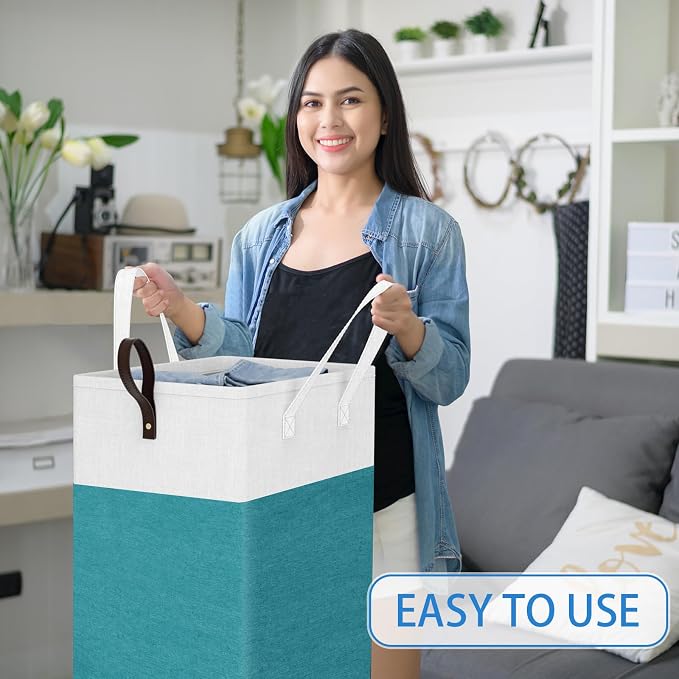 HomeHacks 75L Rolling Laundry Basket with 4 Wheels Collapsible Green | 4 Wheels, Waterproof PEVA Lining, Cotton Flax Fabric, Metal Frame, Bathroom Laundry Room Dorm Storage, Space-Saving Design