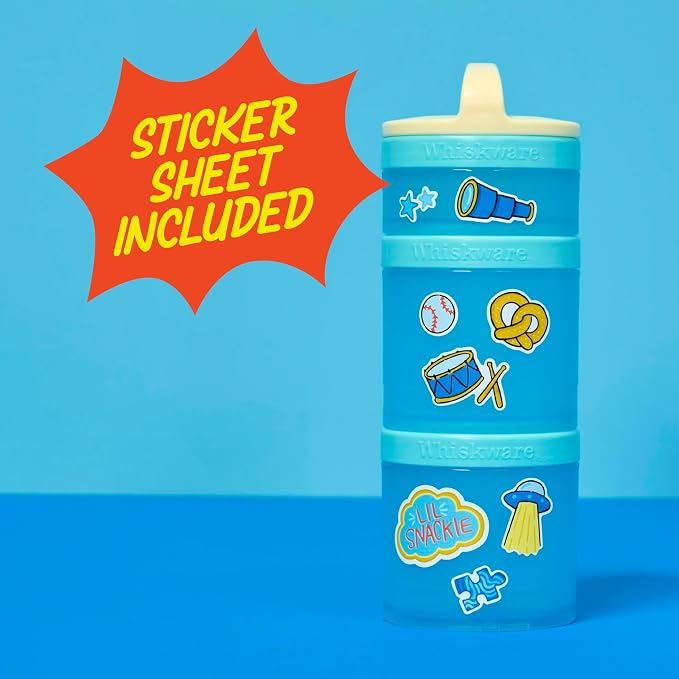 Whiskware Stackable Snack Containers for Kids and Toddlers, 3 Stackable Snack Cups for School and Travel, Tan/Blue/Blue