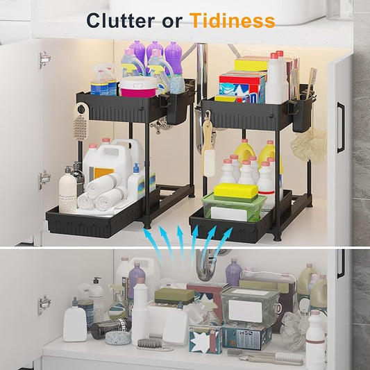 Sevenblue 2 Pack Multi-Purpose Under Sink Organizers and Storage, 2026 Pull Out Cabinet Organizer for Bathroom & Kitchen, Under Cabinet Organizer with Hooks Hanging cup, Black