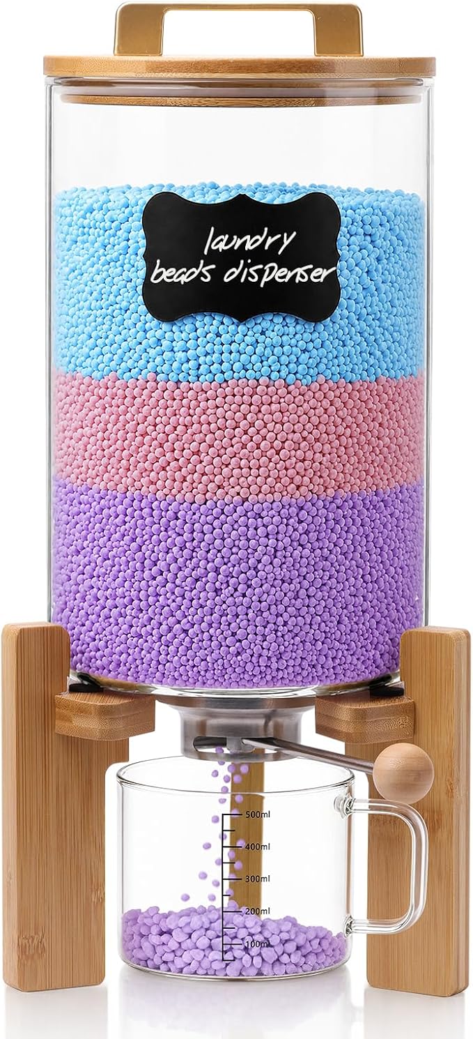 Laundry Detergent Dispenser,Glass Laundry Powder Dispenser with Bamboo Base，Suitable for Scent Beads and Powdered Laundry Detergents in the Laundry Room，Capacity: 4L/8lb/128oz