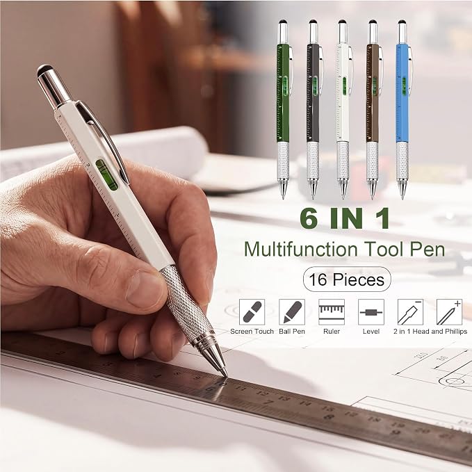 Zhanmai 16 Pcs 6 in 1 Multitool Pen Bulk Gift for Men Multi Tool Ballpoint Pen with Ruler Level Screwdriver Stylus Cool 40 Ink Refill Tool Gadget Birthday Christmas Stocking Stuffers (Multicolor A)