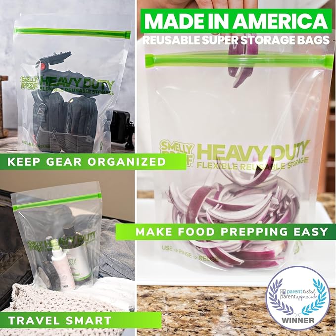 Smelly Proof BULK VALUE, 50-Pack HEAVY DUTY 5-mil Reusable Bags, Stand-Up, Expandable, Dishwasher-Safe, Odor-Proof, Durable Poly Nylon (Non-Silicone) US-Made 8.5" x 10" Quart 50pk