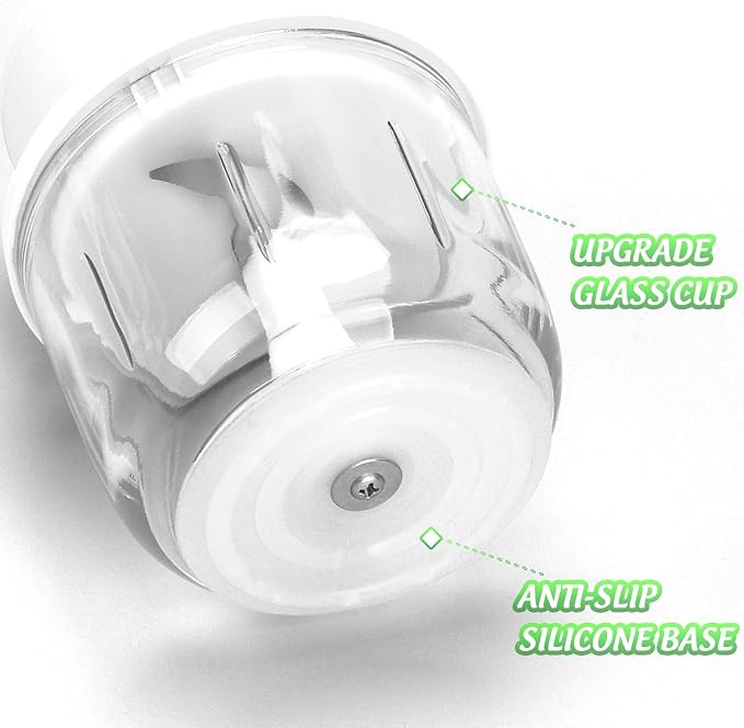 Mini Electric Garlic Chopper 300ML GLASS Food Processor Cordless | Type-C Rechargeable Mincer Chopper for Vegetables Puree, 6 Blades, BPA Free, with Scraper Splash Guard Charging Cord