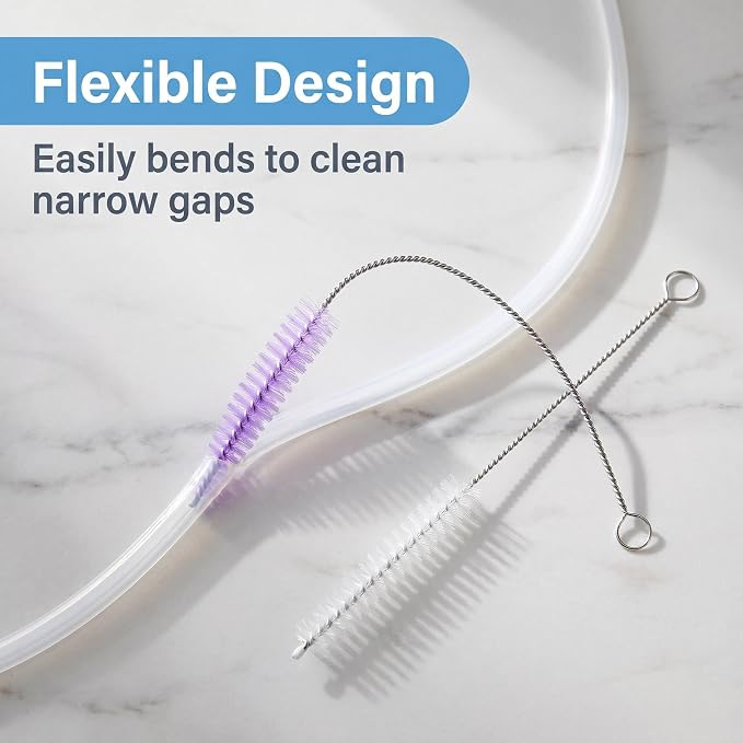 2 Pack Straw Cleaner Brush, Reusable Metal Handles Straw Cleaner Brush Extra Long for Stanley Mug 40, 30, 20 oz, 10mm Wide for Sippy Cup, Water Bottle and Tubes (Clear+Purple)