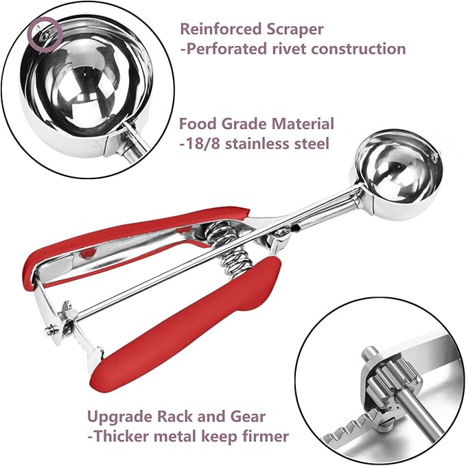 Ice Cream Scoop, 18/8 Stainless Steel Cookie Scoop, Cookie Scoops for Baking, 5.3Tbsp/80ml/2.7oz Cookie Dough Scoop, Ice Cream Scooper with Trigger Release, Large Cookie Scooper, Cupcake Scoop(Red)