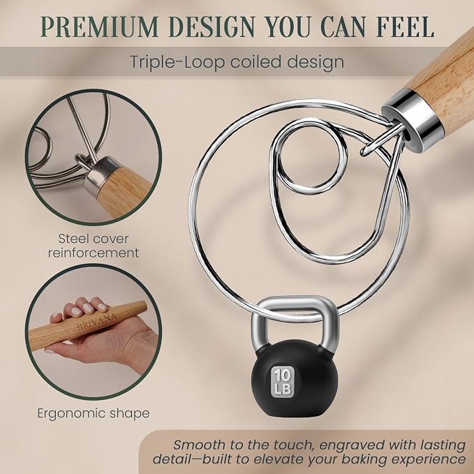 Danish Dough Whisk, Sourdough Bread Whisk with Wooden Handle, 13-Inch Stainless Steel Single Loop Dough Mixer for Bread Making, Pizza Dough, Batter and Pastry