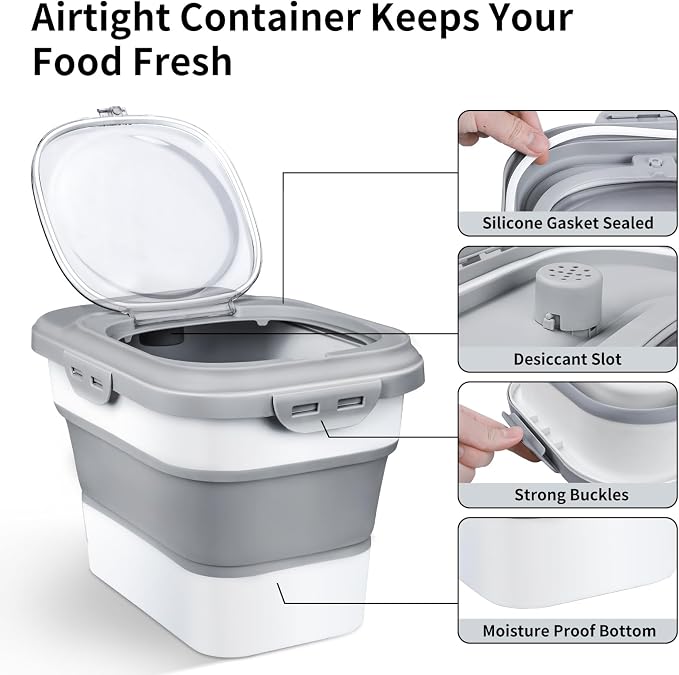 Komzon Rice Storage Container, Collapsible Airtight Food Storage Containers 6-20 Lbs, Rice Dispenser with Measuring Cup and Small Bin for Flour Cereal Pasta Grain, Cat Pet Dog Bird Food Container