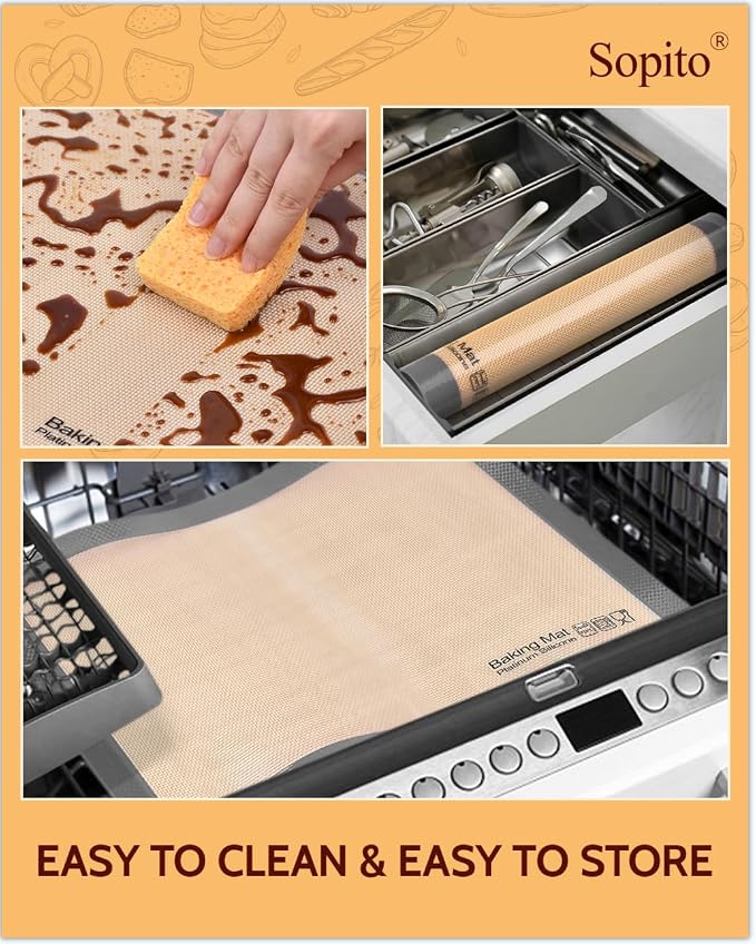 Sopito Platinum Silicone Baking Mat, Non-Stick, Food-Grade, Total 5 Pcs | Reusable 3-year, Heat Resistant to 480℃, Dishwasher Safe, Half-sheets, quarter-sheets, and round mat Set, Versatility