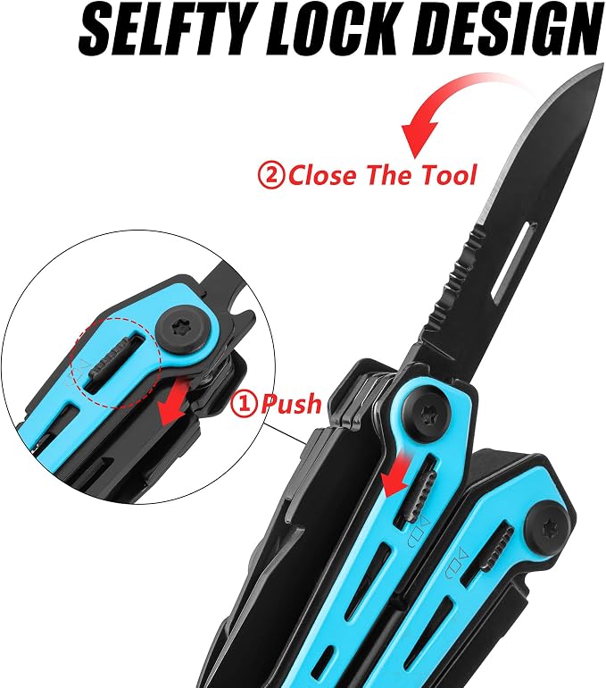 FLISSA 16-In-1 Multi-Tool Pliers, EDC Multitool, Aqua Blue | Gift for Men, Stainless Steel, Pocket Knife, Belt Clip, Oxford Pouch, Safety Locking, For Camping, Survival & Outdoor