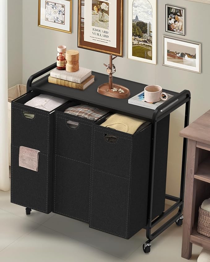 Laundry Sorter 3 Section,Laundry Basket with Wheels,3×15.8 Gal (60L) Black | Laundry Room Organization with Wooden Desktop Shelf,Pull-Out and Removable 900D Oxford Fabric Laundry Bags for Laundry Room
